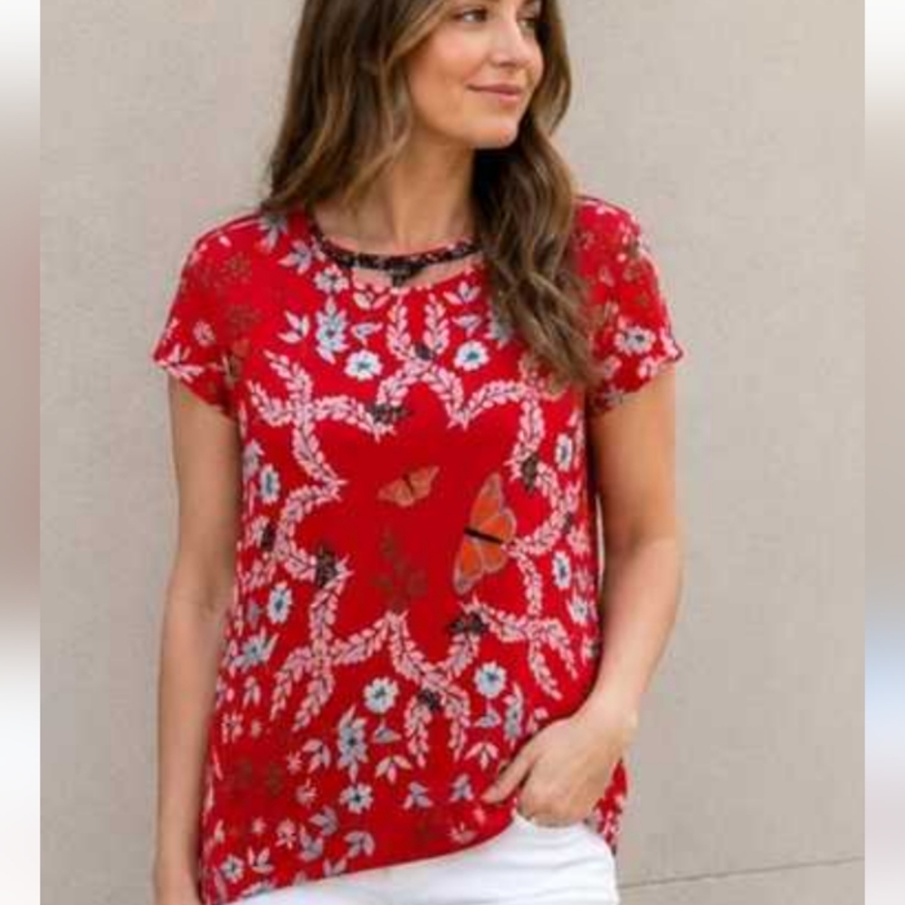 Ted Baker Stretch Viscose Red Butterfly Print Pepa T Shirt 4 L